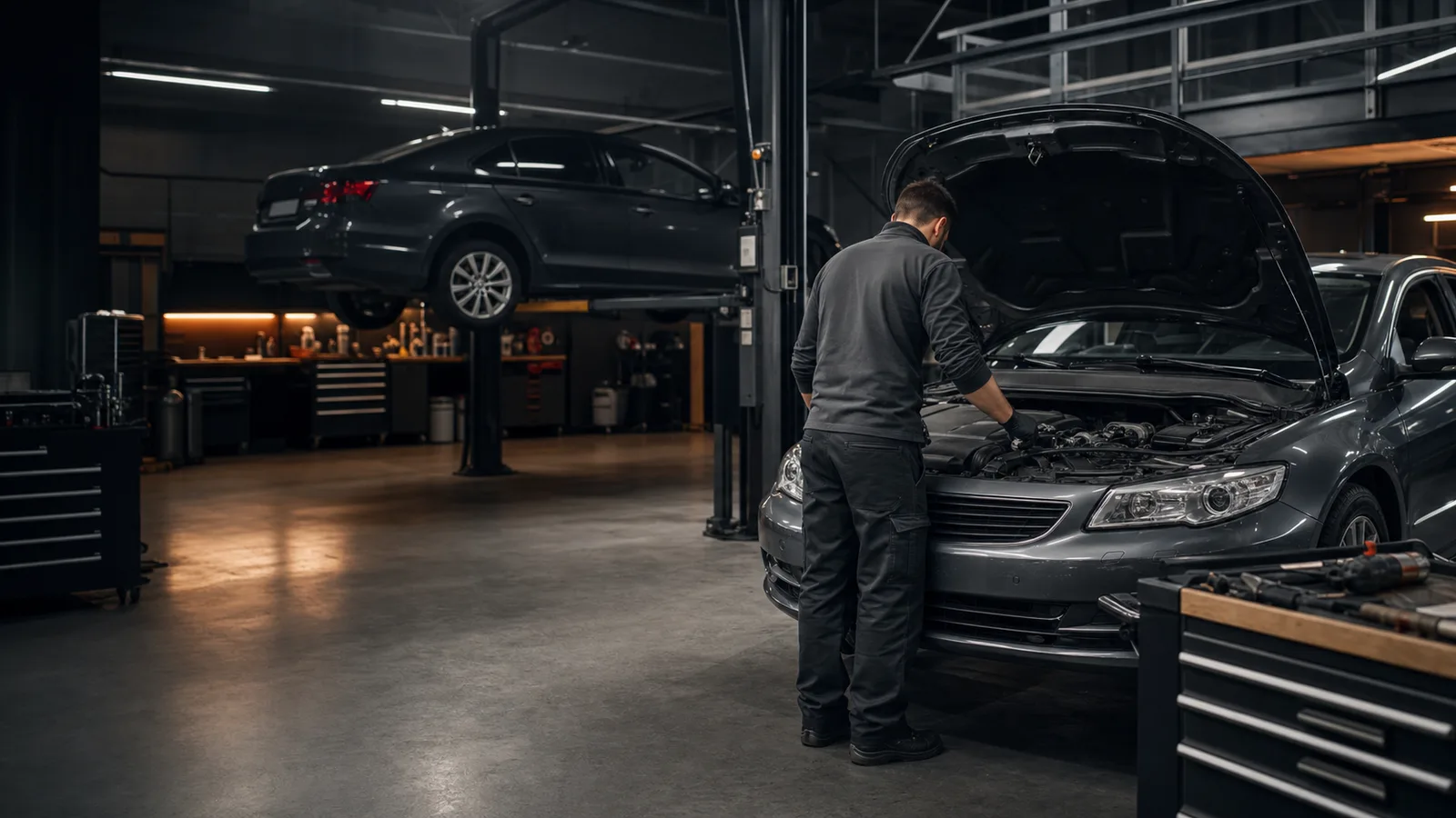 Moderan autoservis Novi Sad sa automobilom na dizalici